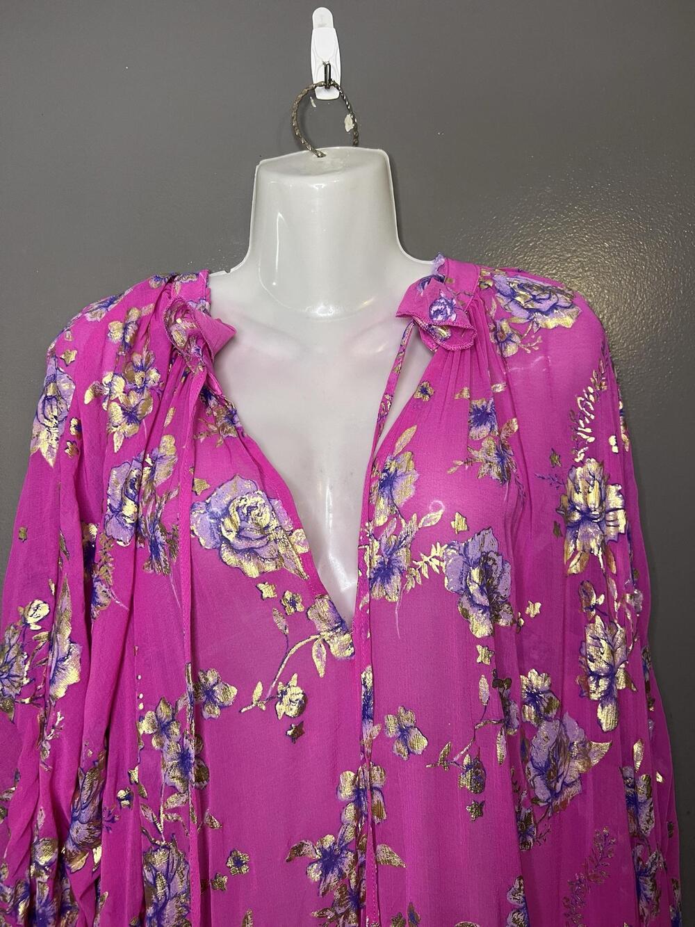 Free People Dress Womens XS Pink Floral Metallic Tiered Maxi Boho Ruffle Trapeze